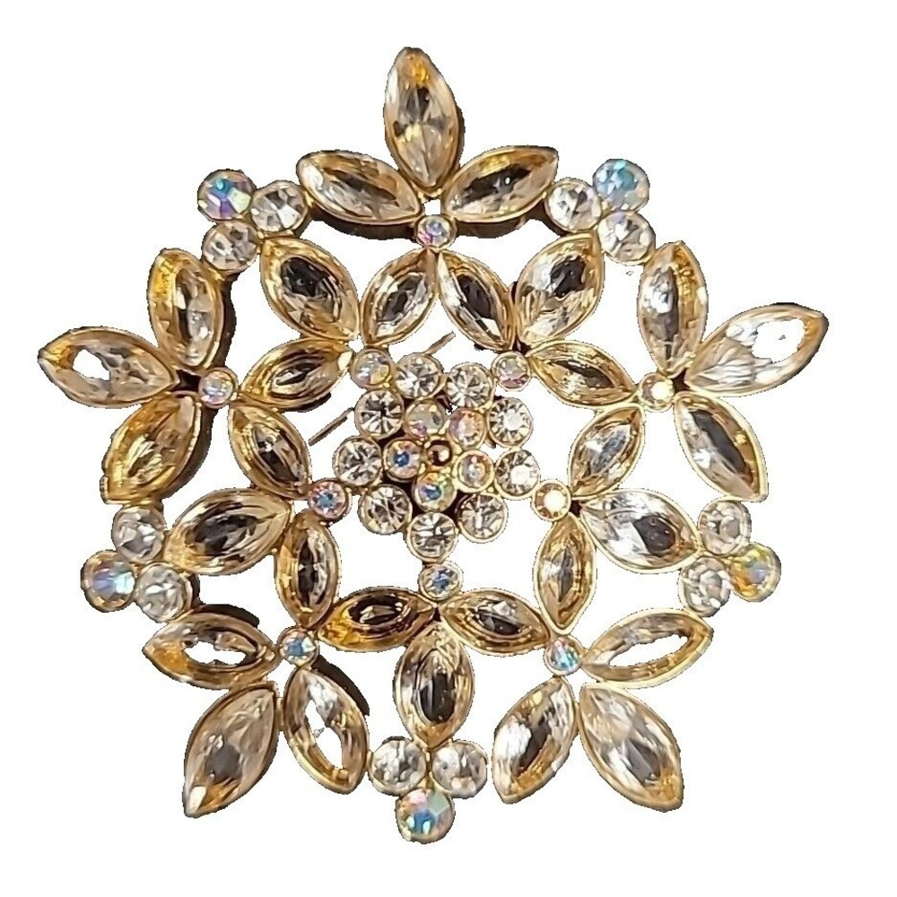 Rhinestones & Tan Aurora Borealis Gold-Tone Brooch‎ Pin 2.5" Vintage - Picture 7 of 7